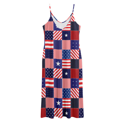 American Patriotic Patchwork Print Jersey Midi Cami Dress