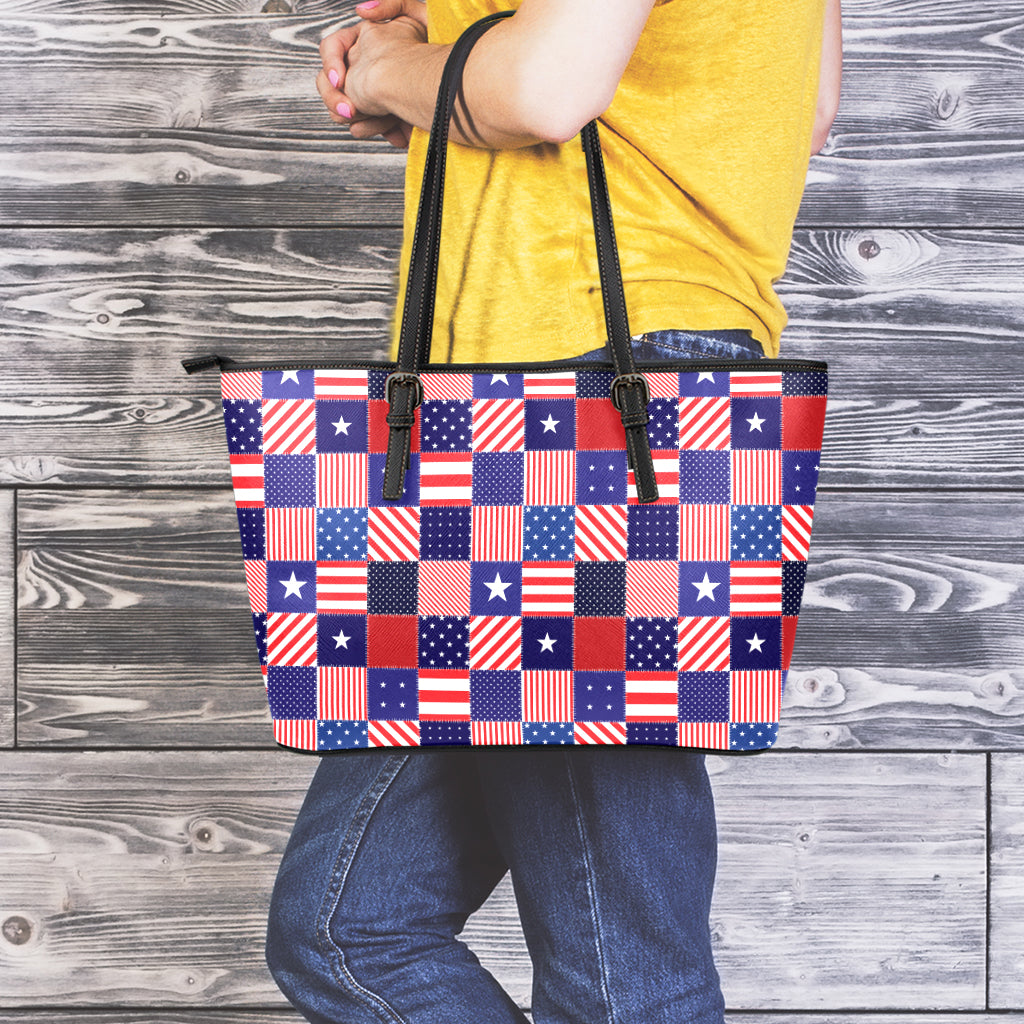 American Patriotic Patchwork Print Leather Tote Bag