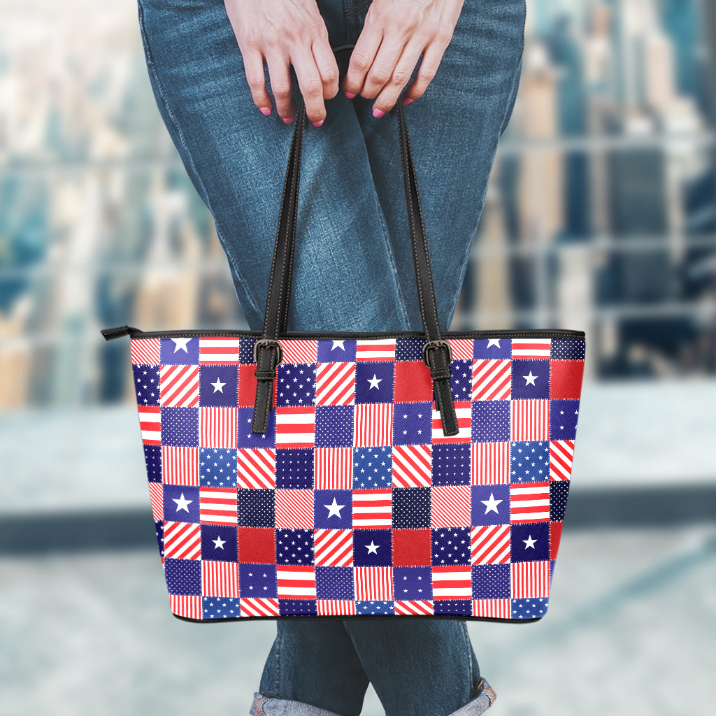 American Patriotic Patchwork Print Leather Tote Bag