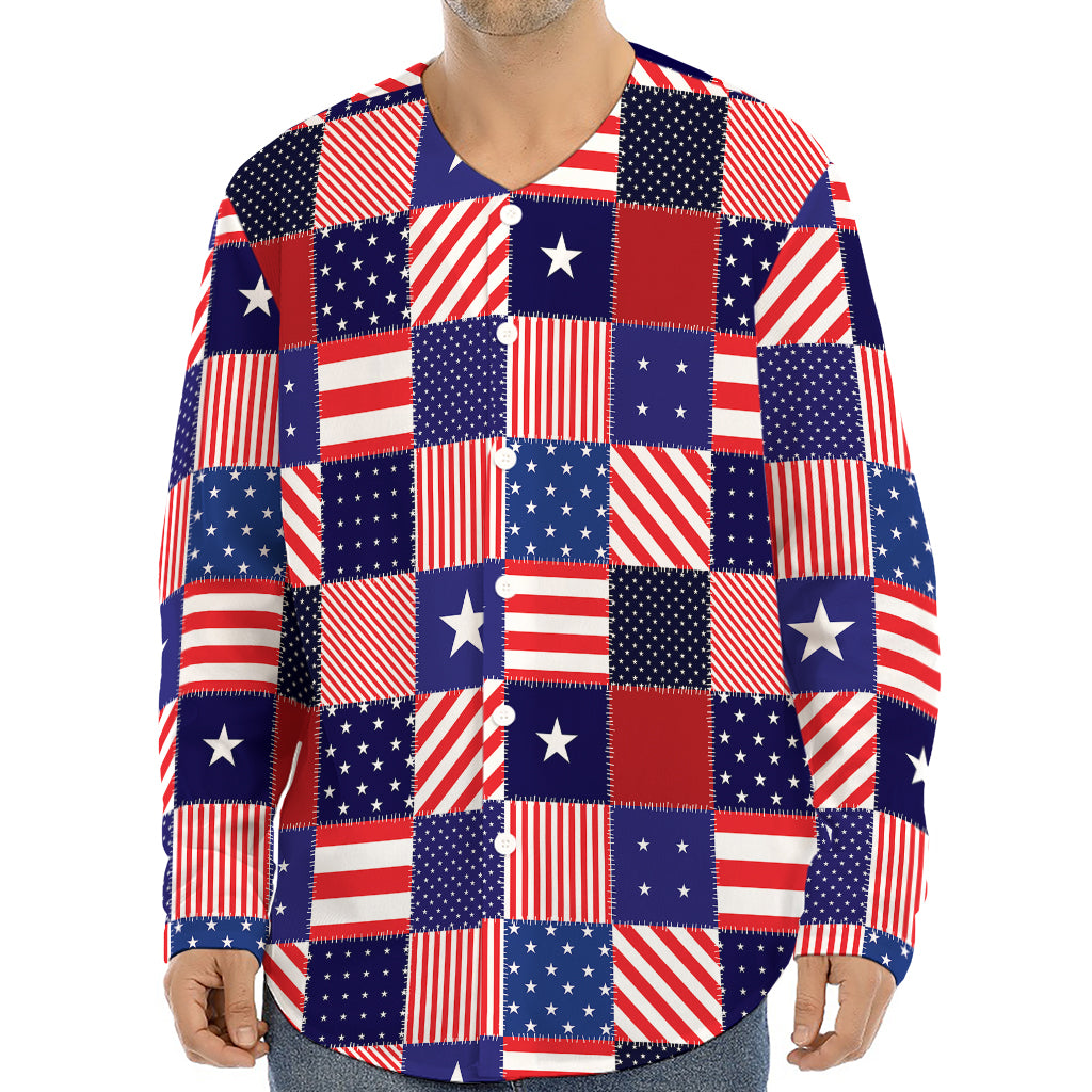 American Patriotic Patchwork Print Long Sleeve Baseball Jersey