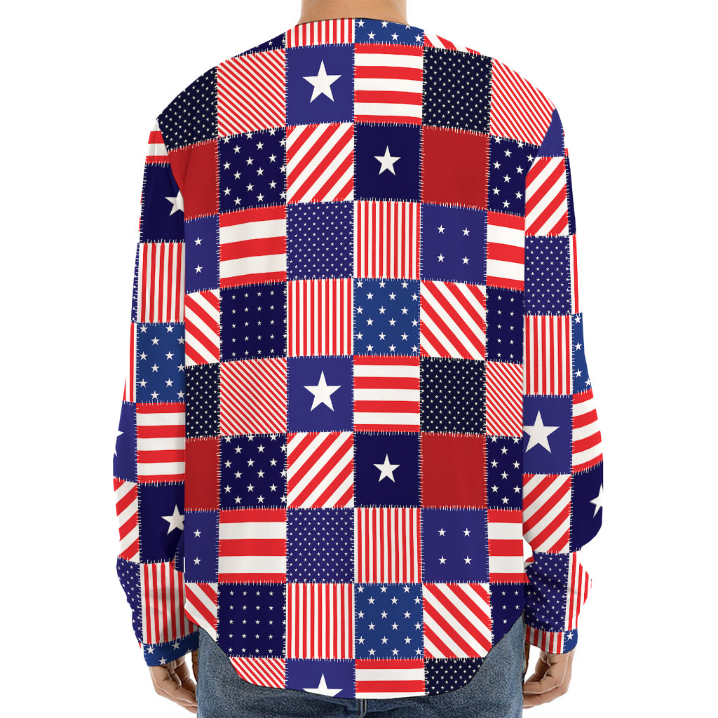 American Patriotic Patchwork Print Long Sleeve Baseball Jersey