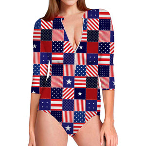 American Patriotic Patchwork Print Long Sleeve Swimsuit