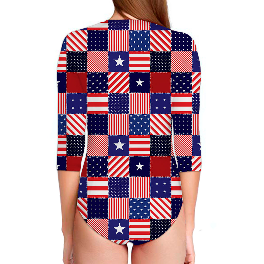 American Patriotic Patchwork Print Long Sleeve Swimsuit