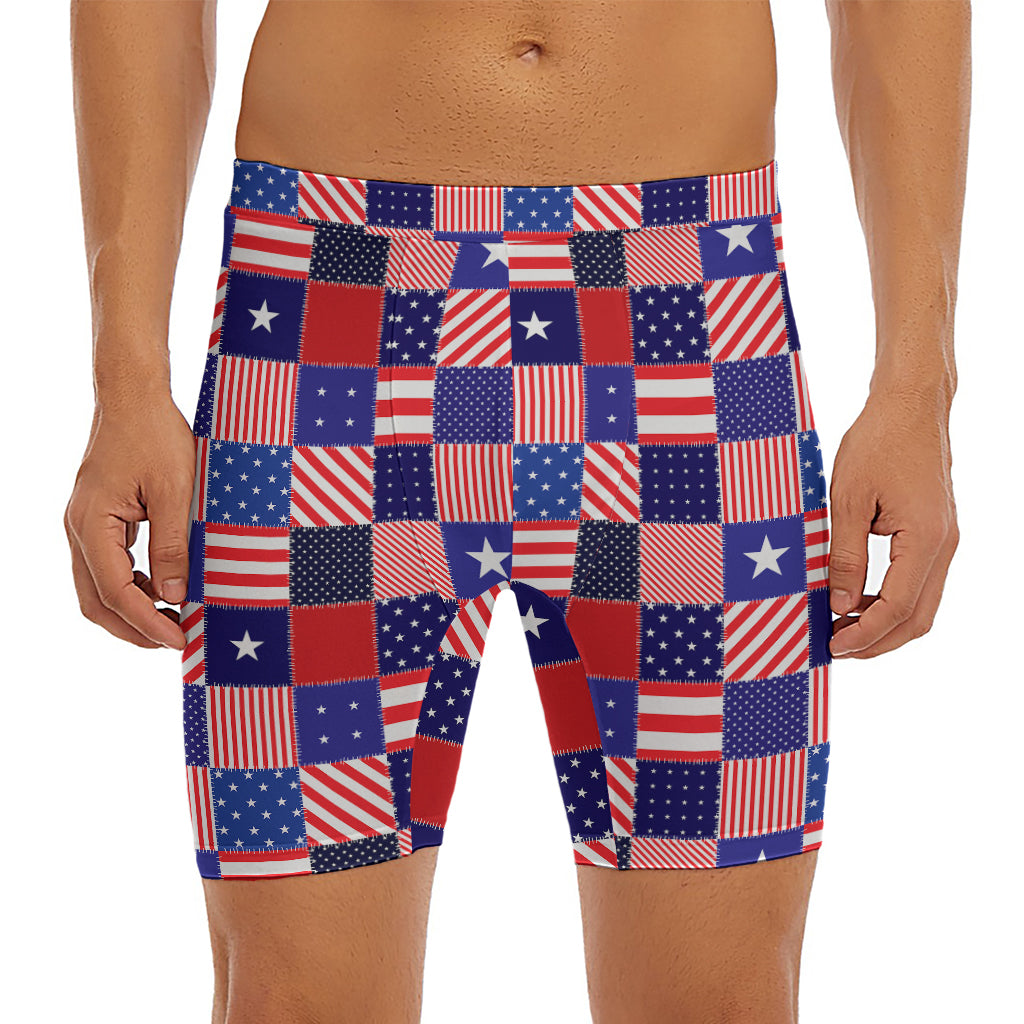 American Patriotic Patchwork Print Men's Long Boxer Briefs