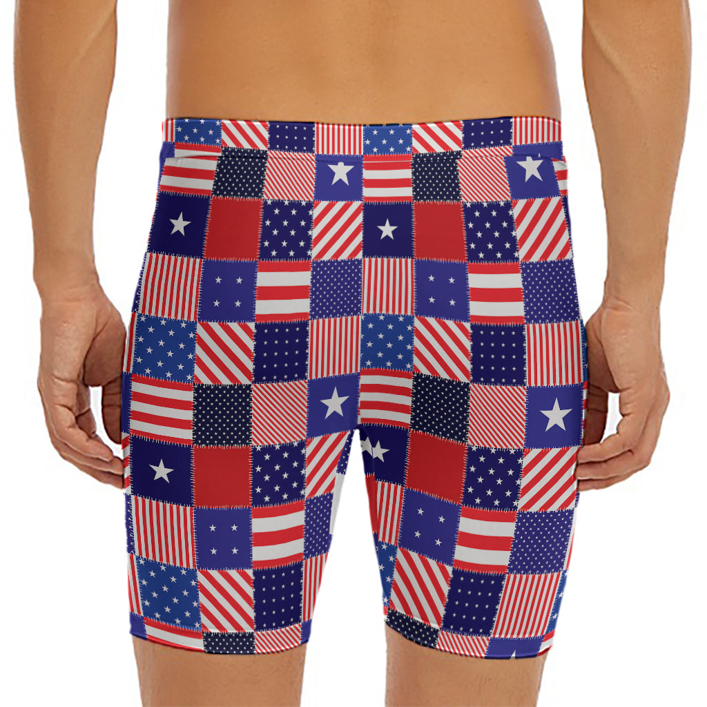 American Patriotic Patchwork Print Men's Long Boxer Briefs
