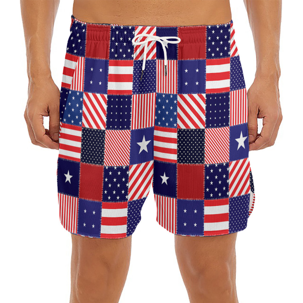 American Patriotic Patchwork Print Men's Split Running Shorts
