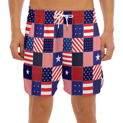 American Patriotic Patchwork Print Men's Split Running Shorts