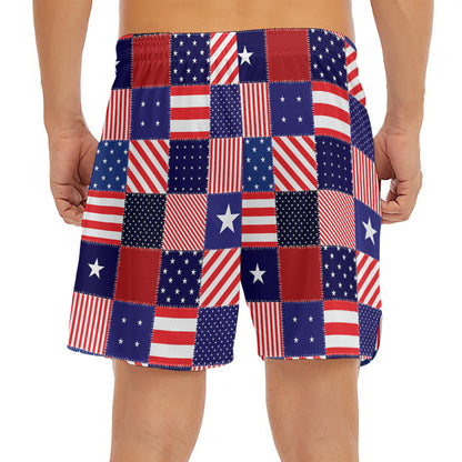 American Patriotic Patchwork Print Men's Split Running Shorts