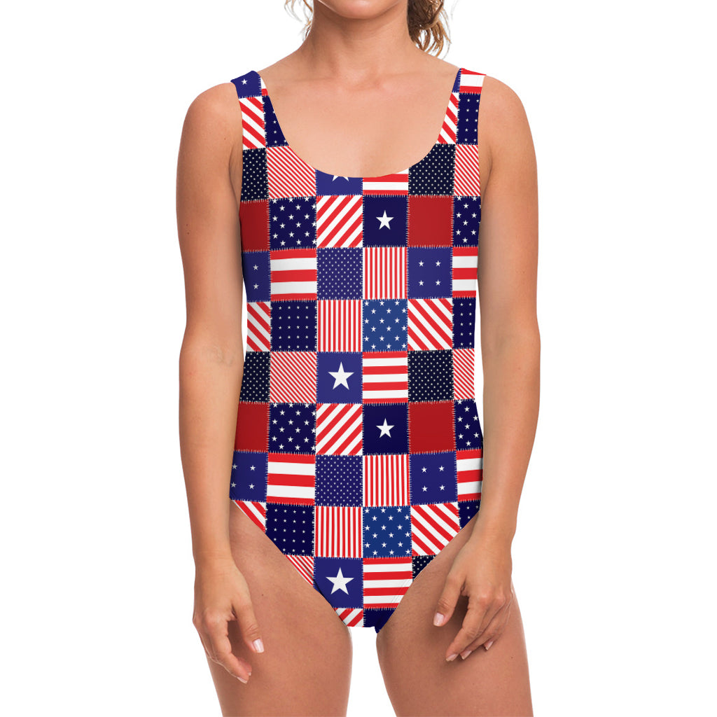 American Patriotic Patchwork Print One Piece Swimsuit