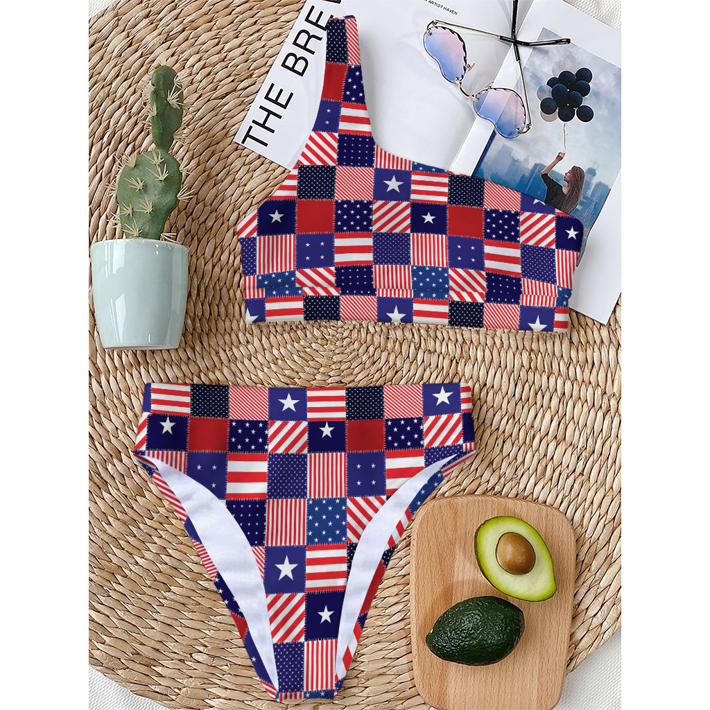 American Patriotic Patchwork Print One Shoulder Bikini Top