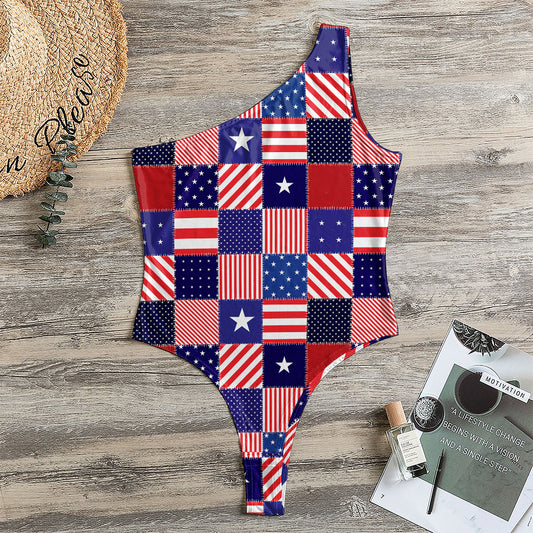 American Patriotic Patchwork Print One Shoulder Bodysuit