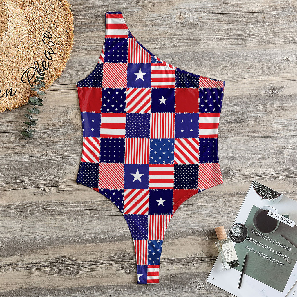 American Patriotic Patchwork Print One Shoulder Bodysuit