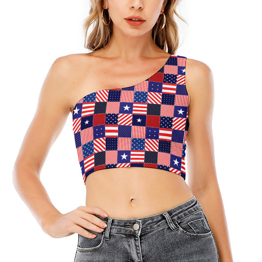 American Patriotic Patchwork Print One Shoulder Crop Top