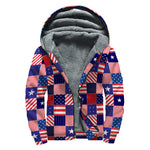 American Patriotic Patchwork Print Sherpa Lined Zip Up Hoodie