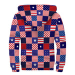 American Patriotic Patchwork Print Sherpa Lined Zip Up Hoodie