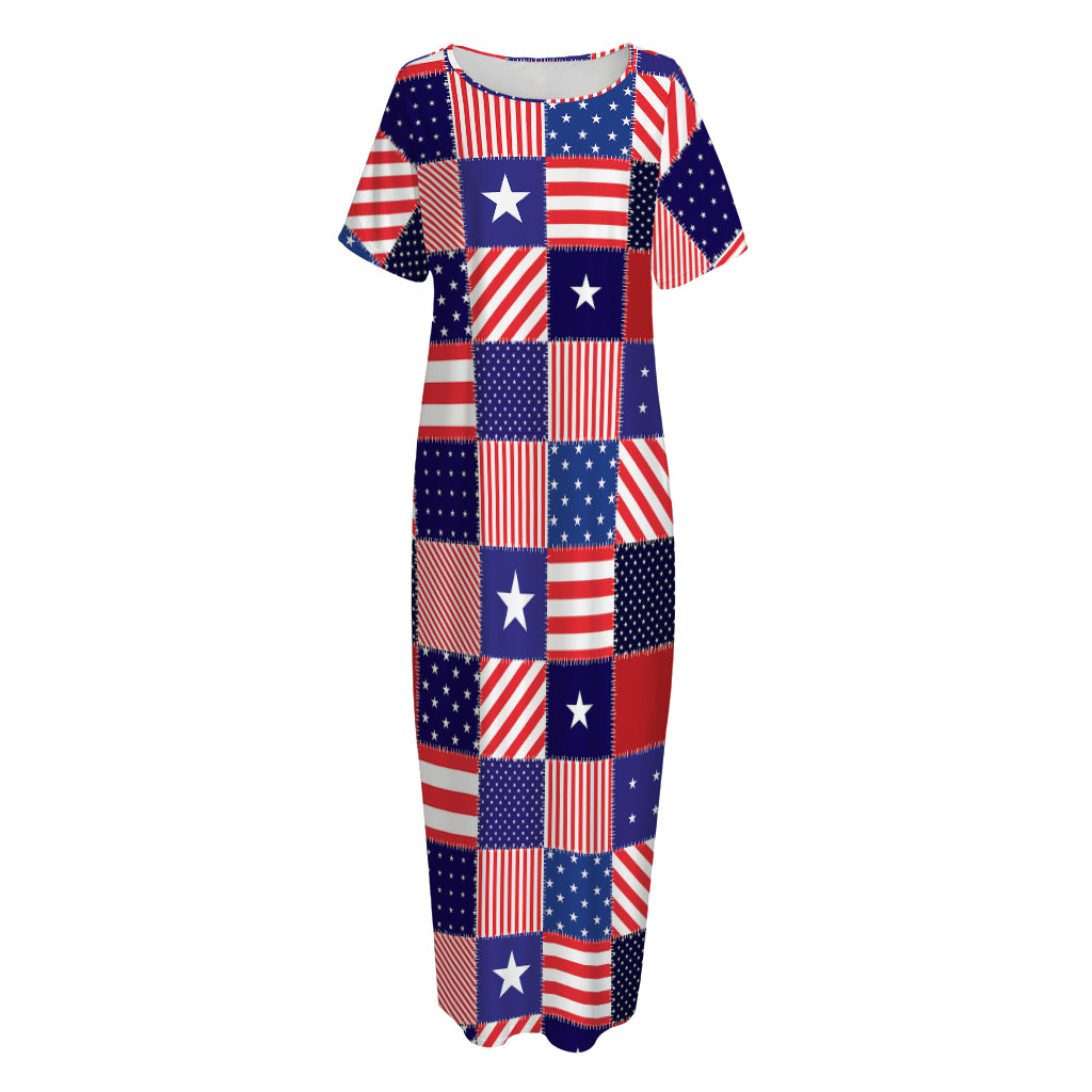 American Patriotic Patchwork Print Short Sleeve Long Nightdress