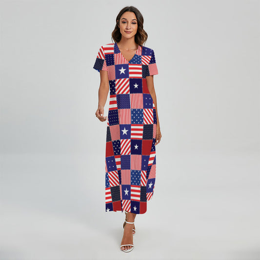 American Patriotic Patchwork Print Short Sleeve Maxi Dress