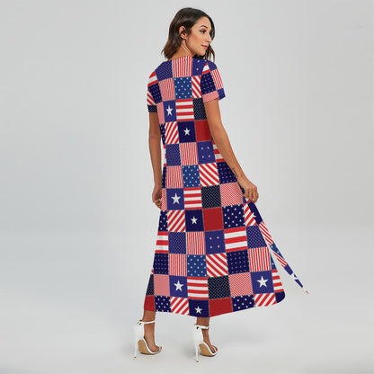 American Patriotic Patchwork Print Short Sleeve Maxi Dress