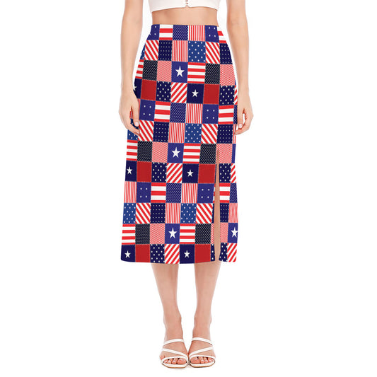 American Patriotic Patchwork Print Side Slit Midi Skirt