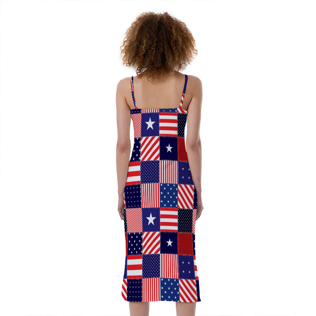 American Patriotic Patchwork Print Slim Fit Midi Cami Dress