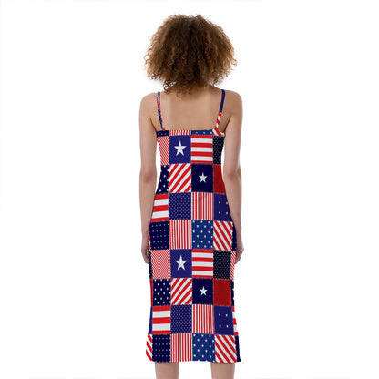 American Patriotic Patchwork Print Slim Fit Midi Cami Dress