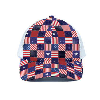 American Patriotic Patchwork Print White Mesh Trucker Cap