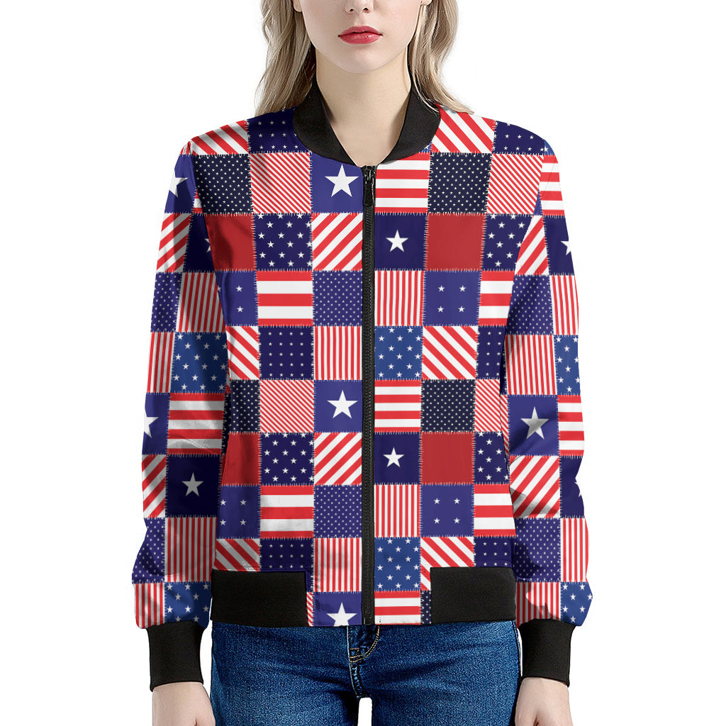 American Patriotic Patchwork Print Women's Bomber Jacket