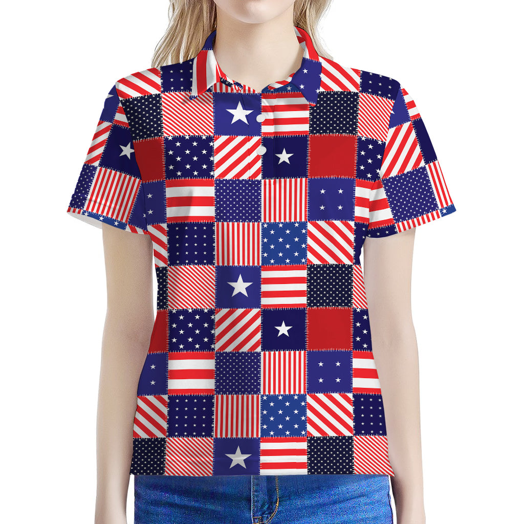 American Patriotic Patchwork Print Women's Polo Shirt