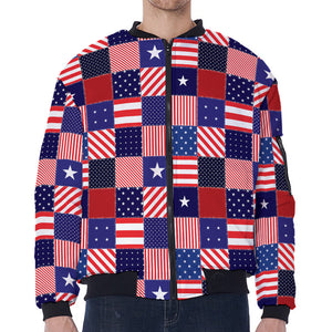 American Patriotic Patchwork Print Zip Sleeve Bomber Jacket