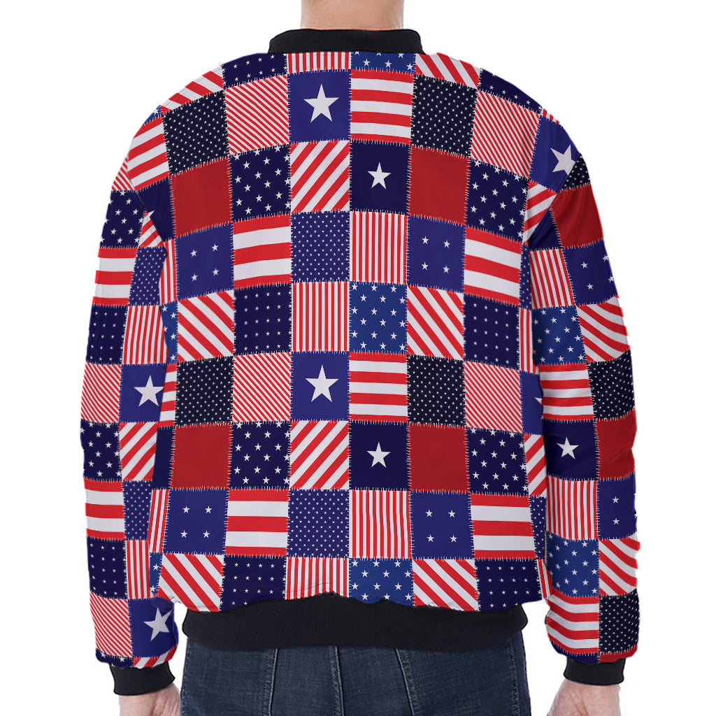 American Patriotic Patchwork Print Zip Sleeve Bomber Jacket