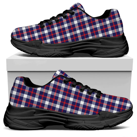 American Patriotic Plaid Print Black Chunky Shoes