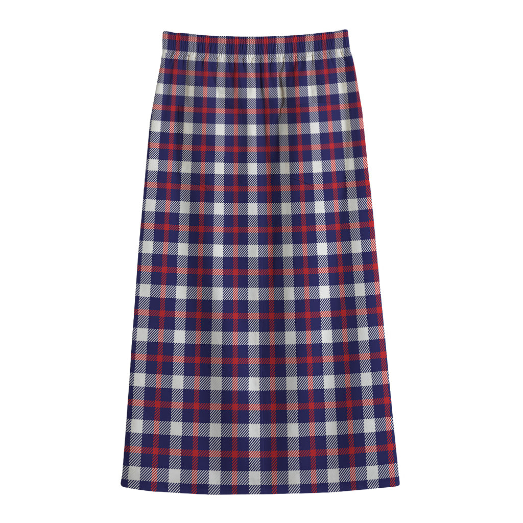 American Patriotic Plaid Print Cotton Front Slit Maxi Skirt