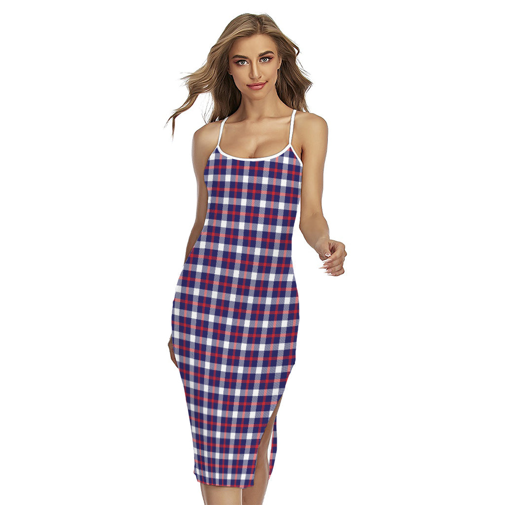 American Patriotic Plaid Print Cross Back Cami Dress