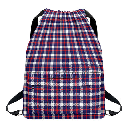 American Patriotic Plaid Print Drawstring Backpack