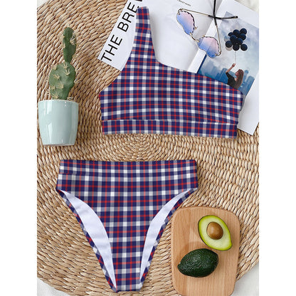 American Patriotic Plaid Print One Shoulder Bikini Top