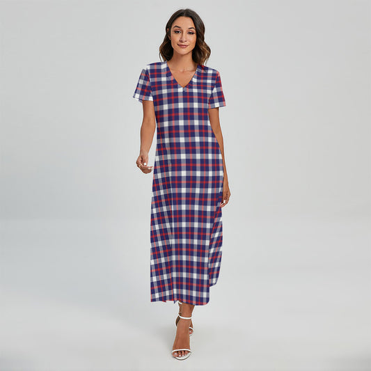 American Patriotic Plaid Print Short Sleeve Maxi Dress