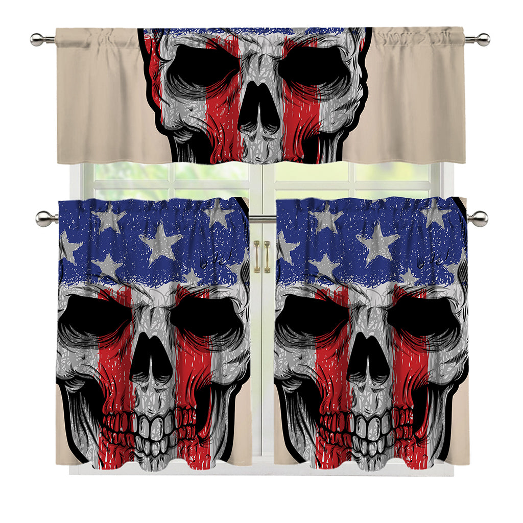 American Patriotic Skull Print 3 Piece Kitchen Curtains