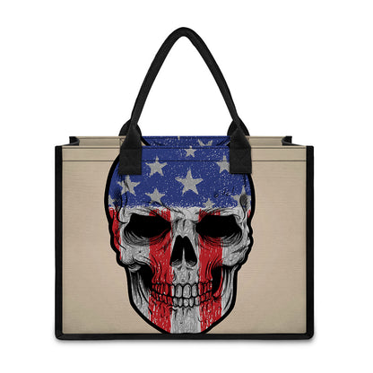 American Patriotic Skull Print Canvas Tote Bag