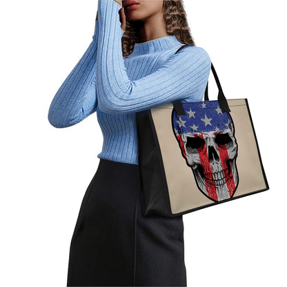 American Patriotic Skull Print Canvas Tote Bag