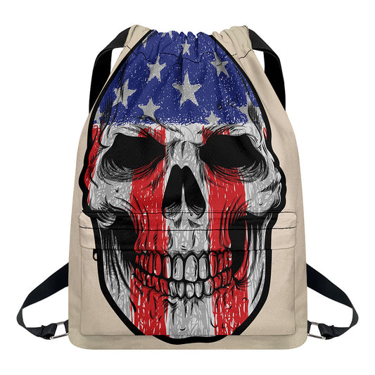 American Patriotic Skull Print Drawstring Backpack