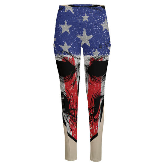 American Patriotic Skull Print High-Waisted Pocket Leggings