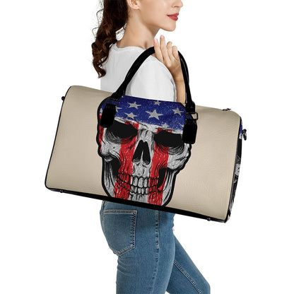 American Patriotic Skull Print Leather Duffle Bag