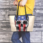 American Patriotic Skull Print Leather Tote Bag