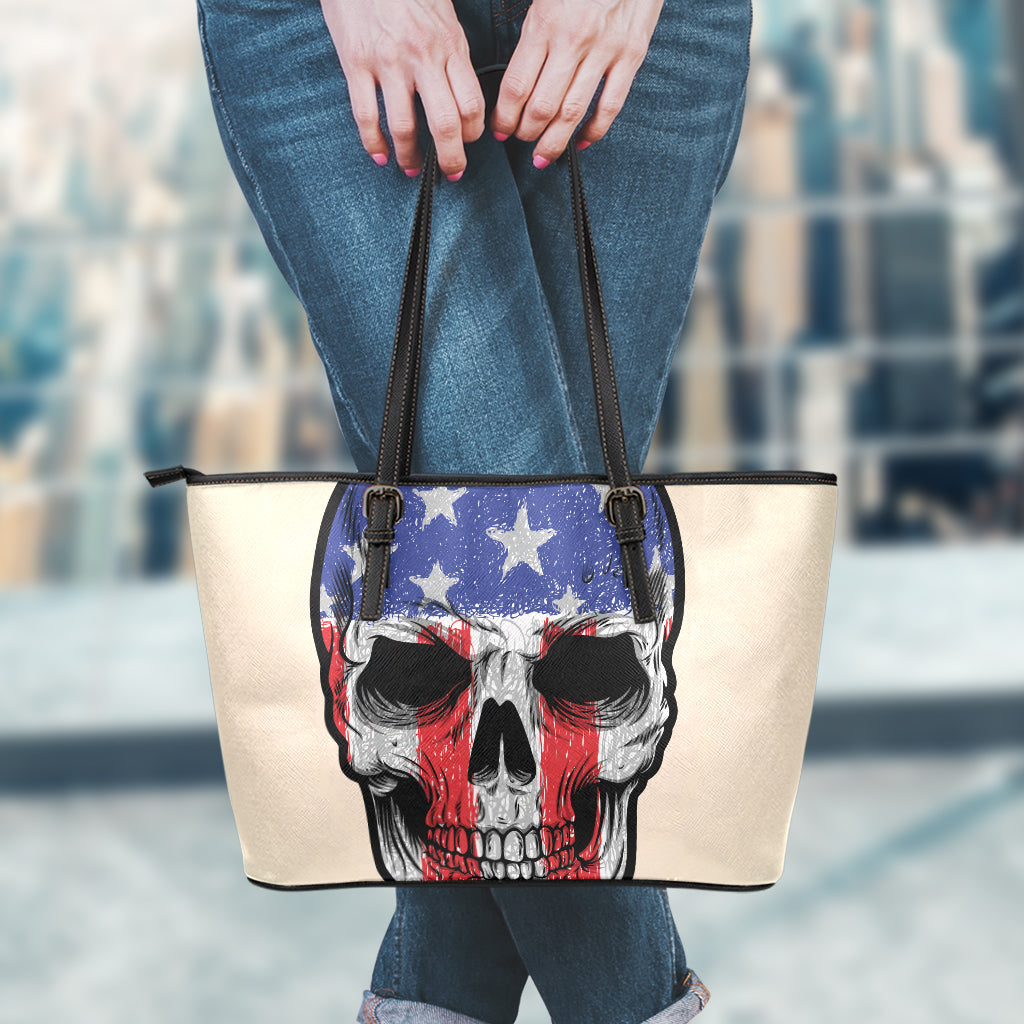 American Patriotic Skull Print Leather Tote Bag