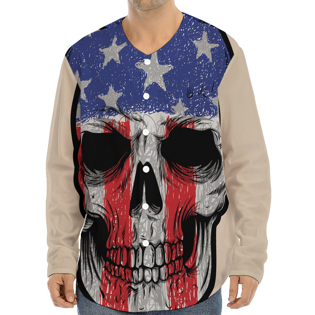 American Patriotic Skull Print Long Sleeve Baseball Jersey
