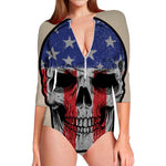 American Patriotic Skull Print Long Sleeve Swimsuit