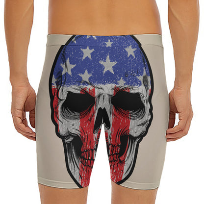American Patriotic Skull Print Men's Long Boxer Briefs