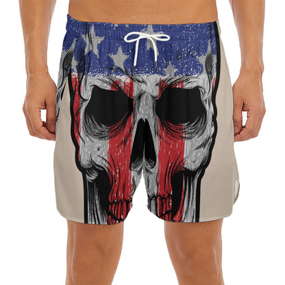 American Patriotic Skull Print Men's Split Running Shorts