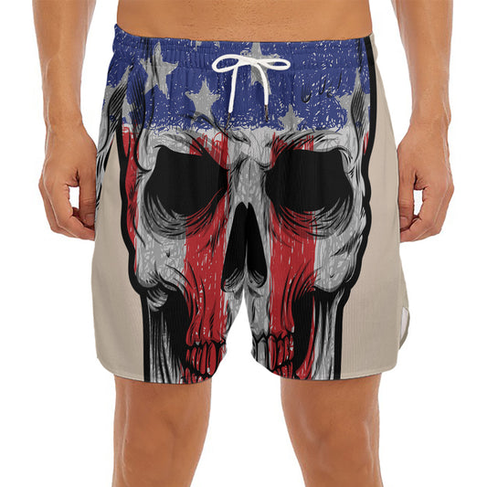 American Patriotic Skull Print Men's Split Running Shorts