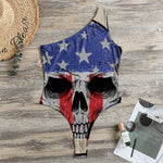 American Patriotic Skull Print One Shoulder Bodysuit
